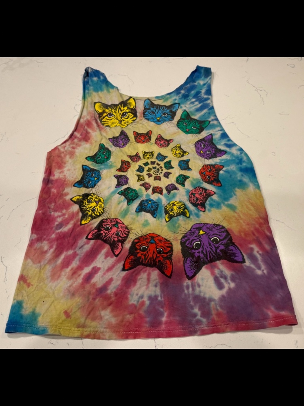Rainbow Tie Dye Cat Spiral Graphic Tank Top Psychedelic Festival Y2K Size M